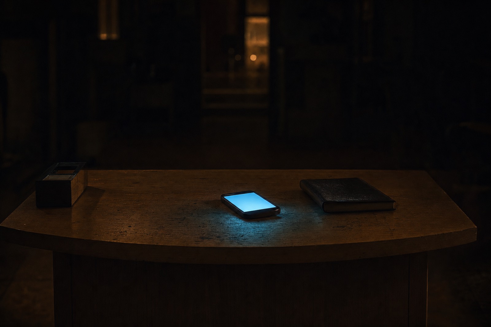 The reception counter at night, a phone lit beside a closed appointment book.